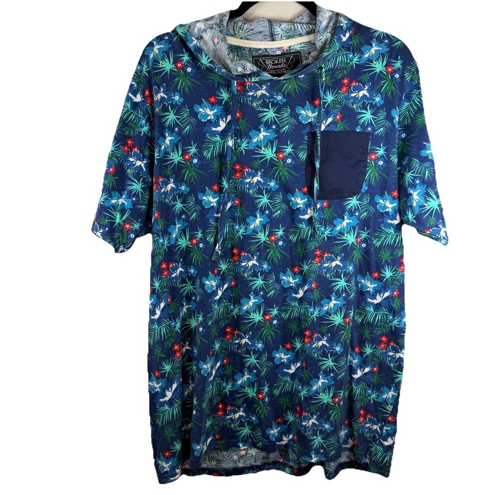 Broken Threads Lightweight Hoodie Size Large Floral Hibiscus Cotton Short Sleeve